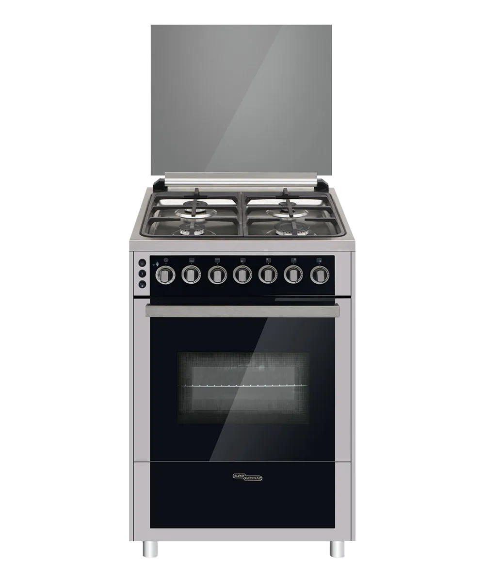 Super General 60×60 Freestanding Gas Cooker – SGC616FSBGOFR Stainless Steel 4 Burner Gas Cooker with Gas Oven & Grill, Turbo Fan, Rotisserie & Double Glass Door