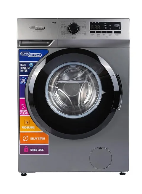 Super General 8Kg Front Load Fully Automatic Washing Machine 1400 RPM With BLDC Inverter Motor, Built-In Heater, LED Display & 15 Wash Programs SGW8250NLEDS Silver