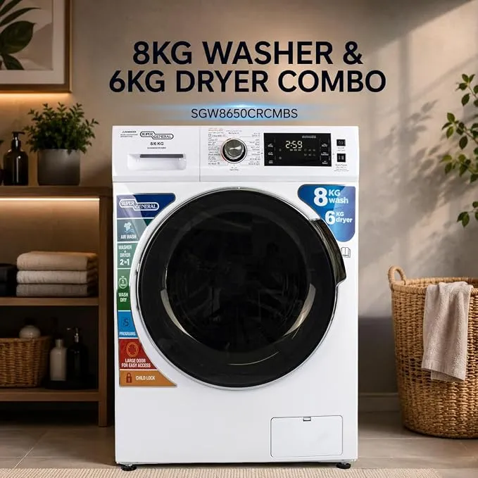 Super General 8KG Washer Dryer – Front Load Washing Machine with Dryer Function