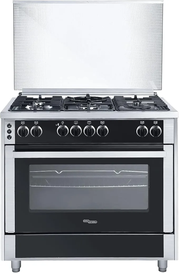 Super General 90×60 5 Burner Freestanding Gas Cooker – SGC916FSBGOF Stainless Steel with Gas Oven, Gas Grill, Turbo Fan, Rotisserie, Auto Ignition & Double Glass Door