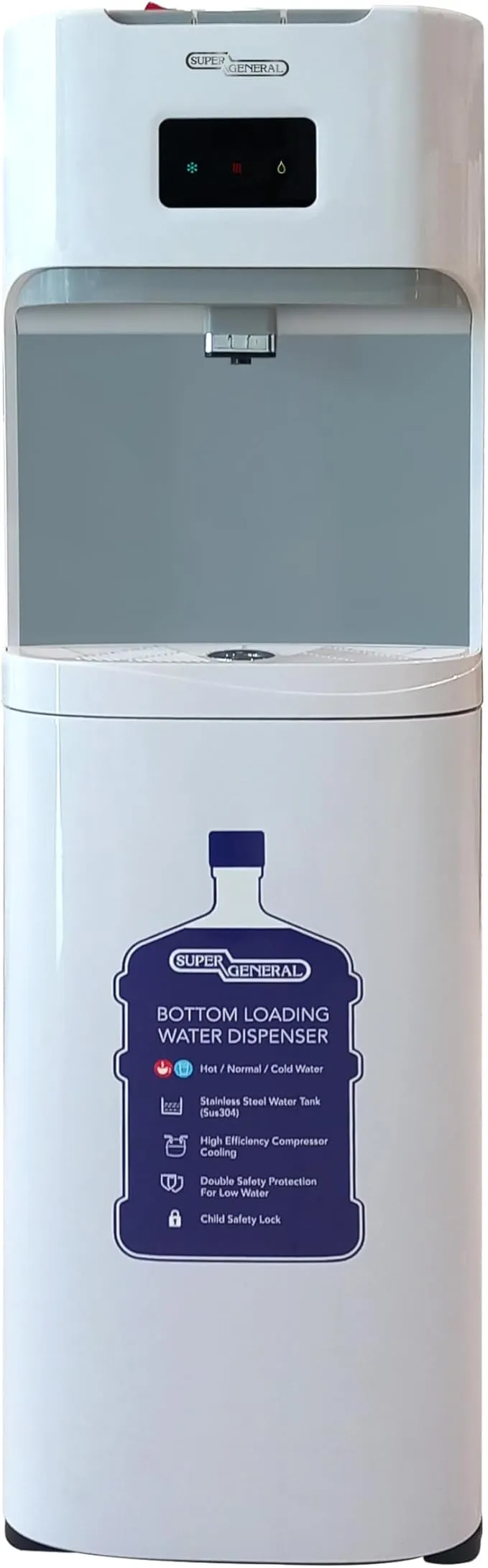 Super General Bottom Load Hot, Normal & Cold Water Dispenser With Stainless Steel Tank, Child Safety Lock, Compressor Cooling & R134a Refrigerant SGL3030BM White