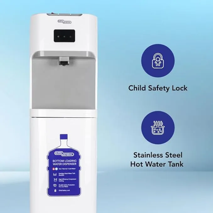 Super General Bottom Load Hot, Normal & Cold Water Dispenser With Stainless Steel Tank, Child Safety Lock, Compressor Cooling & R134a Refrigerant SGL3030BM White