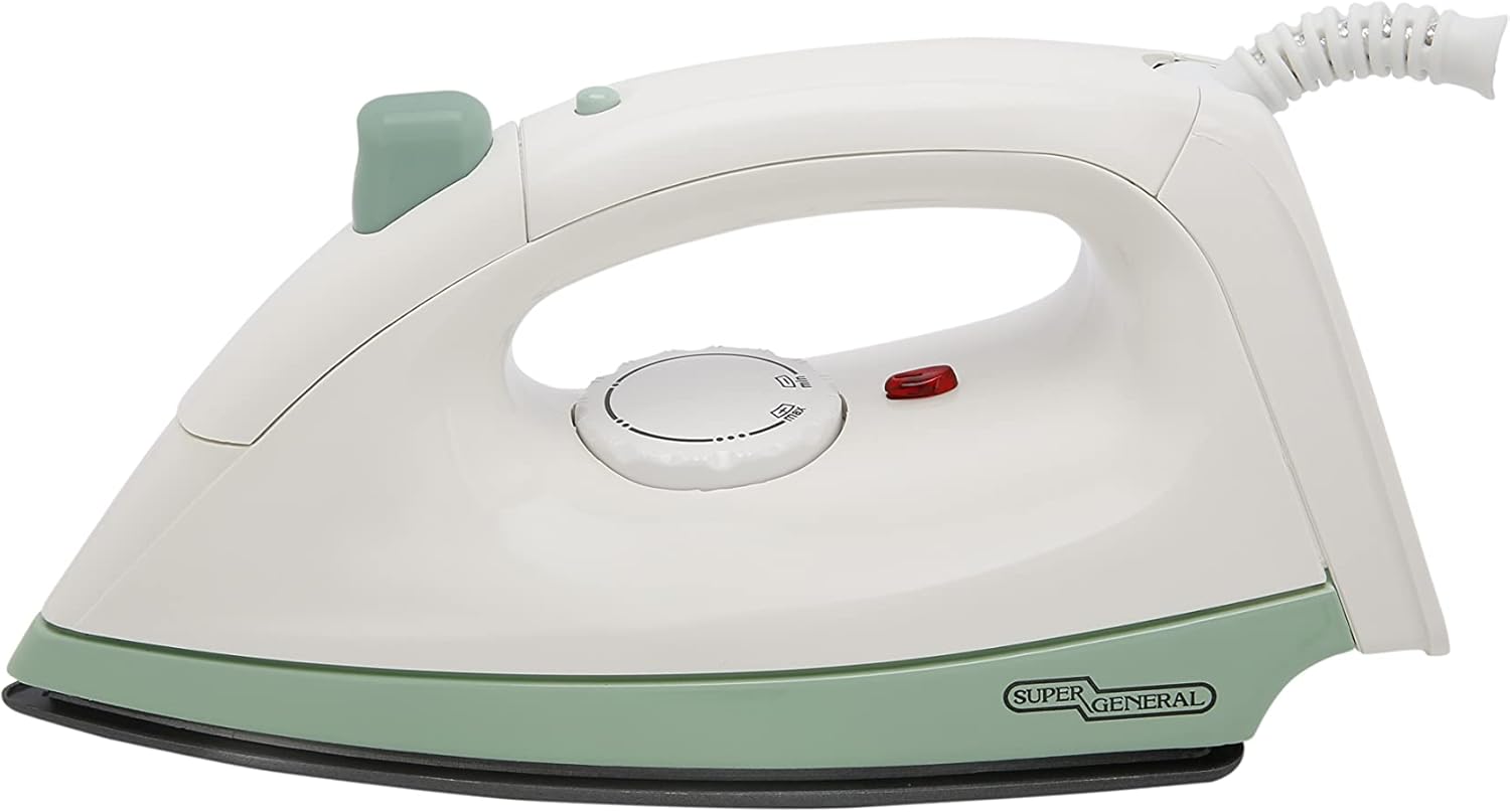 Super General Dry Iron, Spray Iron, SGI20DC, 1100W ironing machine with Non-Stick Teflon sole, dry ironing, for home and travel, Heat Resistant Plastic, White, 1 Year Warranty Visit the Super General Store