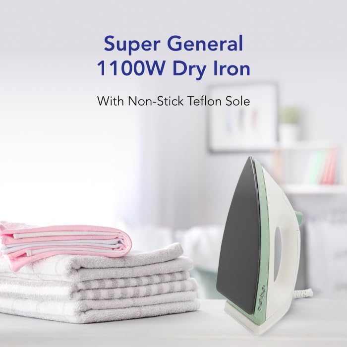 Super General Dry Iron, Spray Iron, SGI20DC, 1100W ironing machine with Non-Stick Teflon sole, dry ironing, for home and travel, Heat Resistant Plastic, White, 1 Year Warranty Visit the Super General Store 3