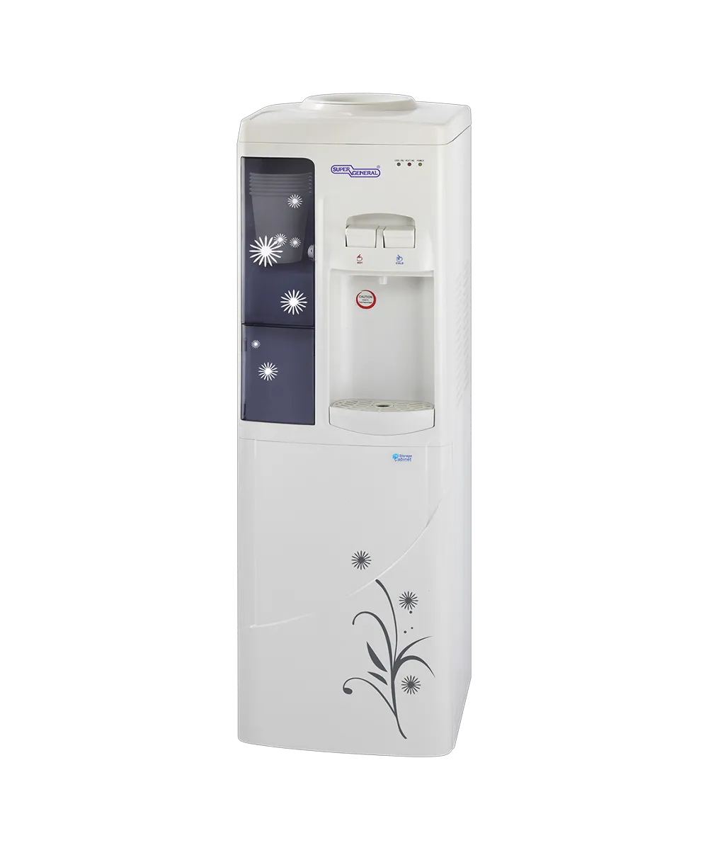 Super General Free Standing Hot & Cold Water Dispenser With Cabinet, Stainless Steel Tank, Paper Cup Holder & R134a Refrigerant SGL1171 White