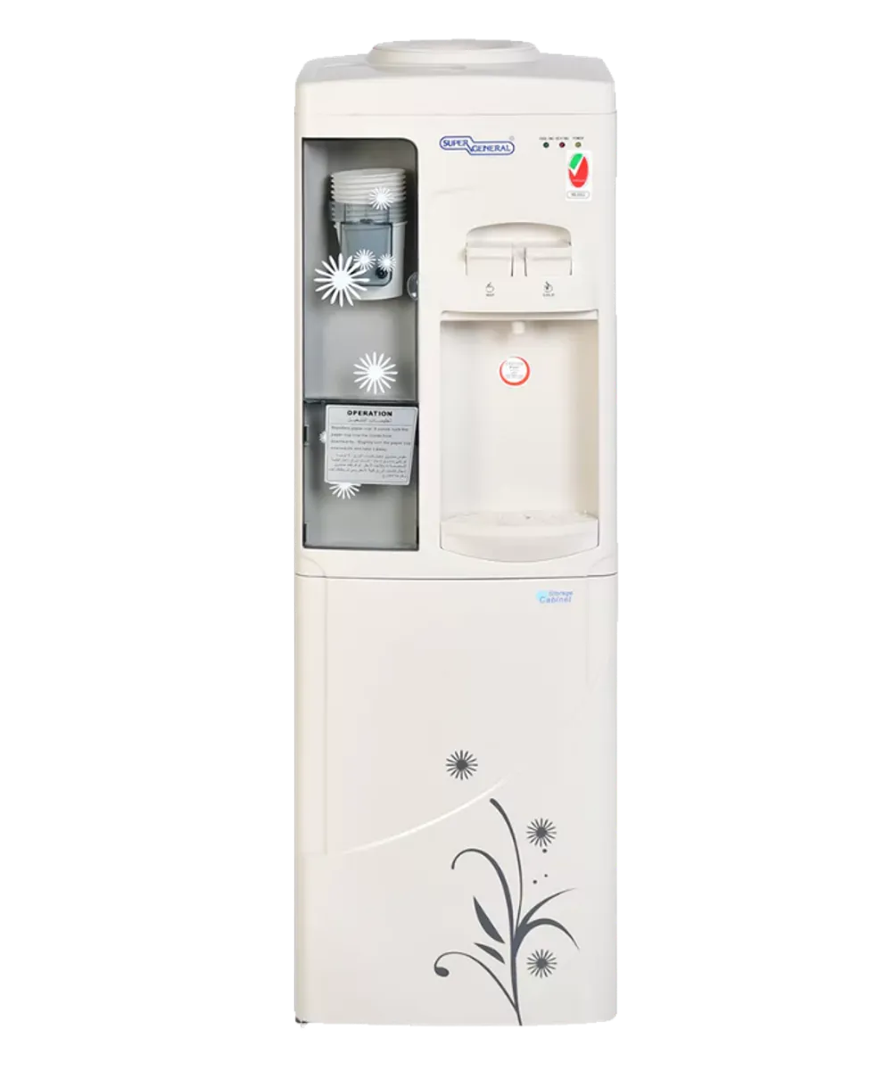 Super General Free Standing Hot & Cold Water Dispenser With Cabinet, Stainless Steel Tank, Paper Cup Holder & R134a Refrigerant SGL1171 White