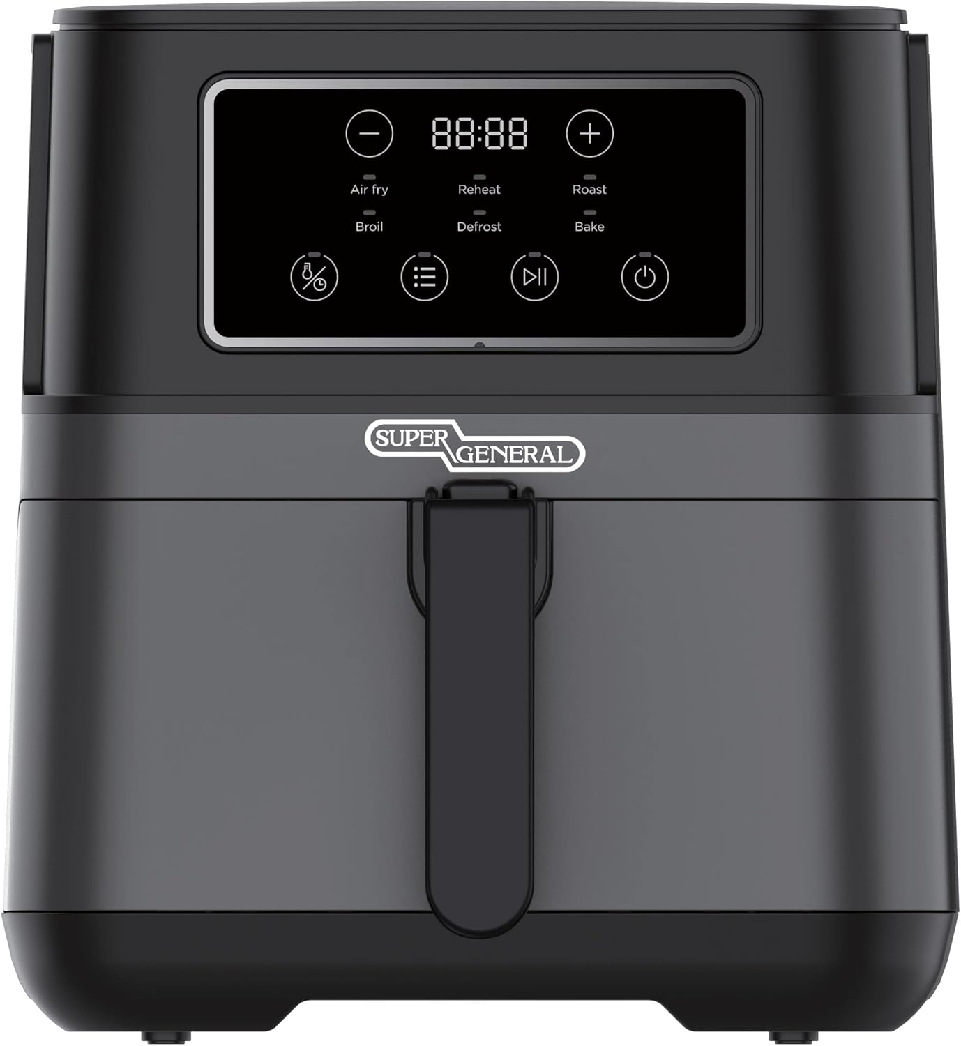 Super General SGAF5501 5.5L Digital Air Fryer, 1550–1850W, 6 Preset Cooking Programs, LED Touch Display, 360° Hot-Air Circulation, Adjustable Temperature up to 200°C, Auto Shut-Off Timer, Non-Stick Basket, Black – 1 Year Warranty