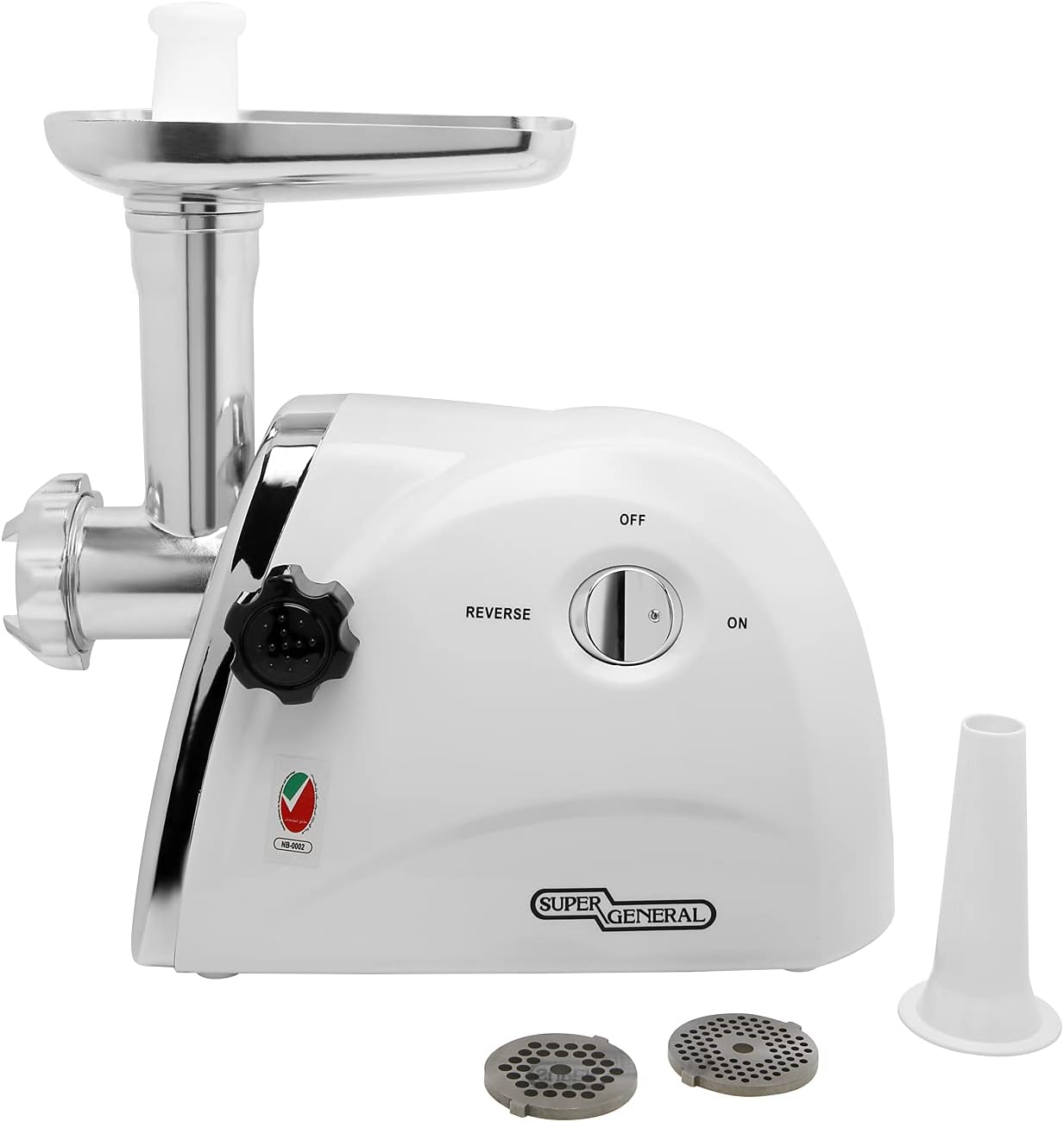 Super General SGMG85Y 3-in-1 Electric Meat Grinder, 300W Rated Power and 800W Maximum Locked Power, Copper Motor, Reverse Function, 3 Stainless Steel Grinding Plates, Sausage and Kibbe Attachments, Food Pusher, White/Silver – 1 Year Warranty