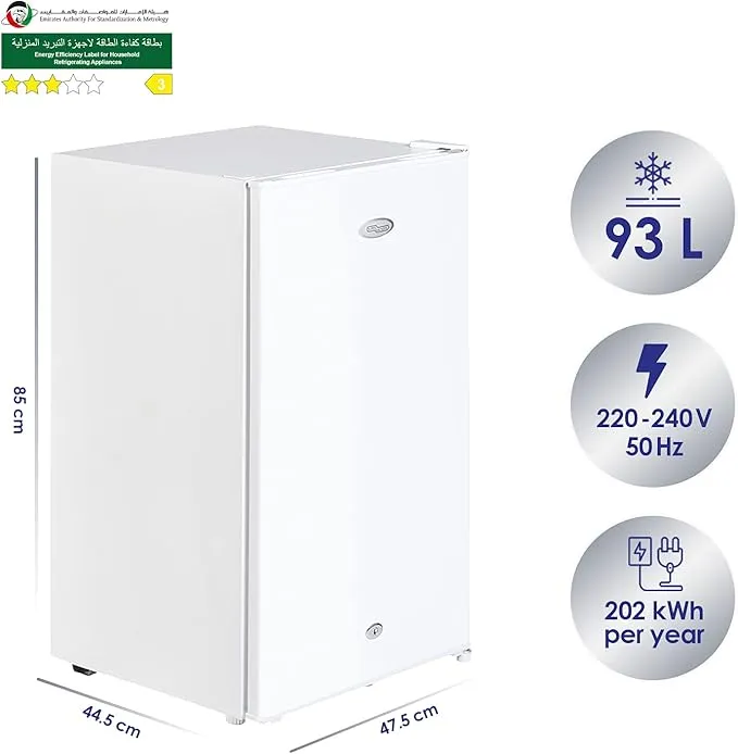 Super General SGR131H1 90L Single Door Refrigerator, Compact Mini Refrigerator with Adjustable Wire Shelves, Child Lock, Manual Defrost Cooling, R600a Refrigerant, White/Silver Finish