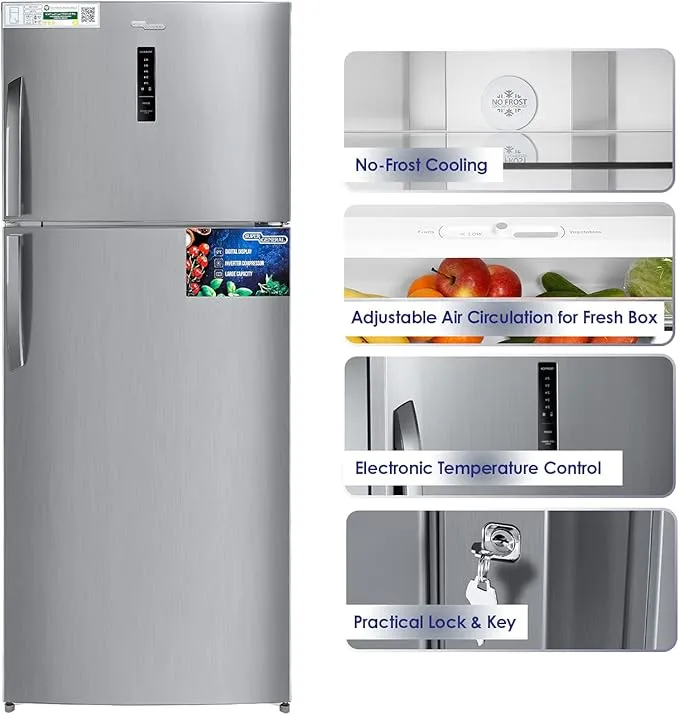 Super General SGR615WE 610L Top Mount Refrigerator, Inverter Compressor No Frost Double Door Refrigerator with Digital Display, Electronic Temperature Control, Adjustable Glass Shelves, LED Lighting, White Finish 3