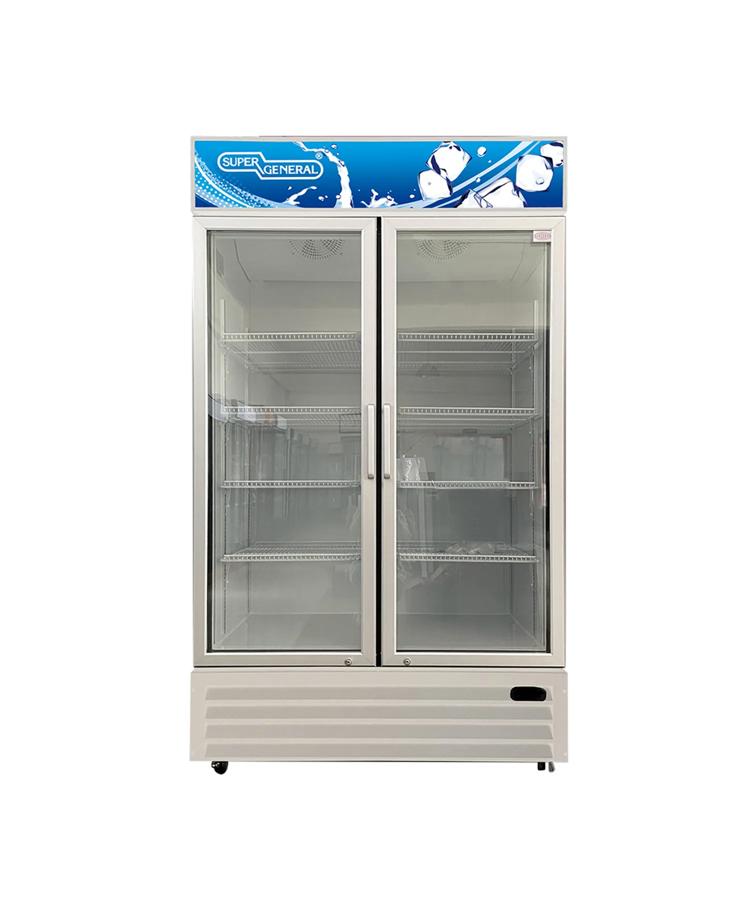 Super General SGSC1020AIF 800L French Door Showcase Chiller, Commercial Beverage Display Refrigerator with Double Layer Glass Doors, 8 Shelves, Fan Cooling System, Lock & Key, R134a Refrigerant, White/Black