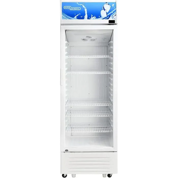 Super General SGSC394NF 315L Single Door Showcase Chiller, Commercial Beverage Display Refrigerator with Glass Door, Fan Cooling System, Lock & Key, White