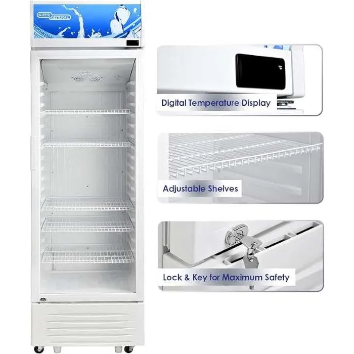 Super General SGSC394NF 315L Single Door Showcase Chiller, Commercial Beverage Display Refrigerator with Glass Door, Fan Cooling System, Lock & Key, White