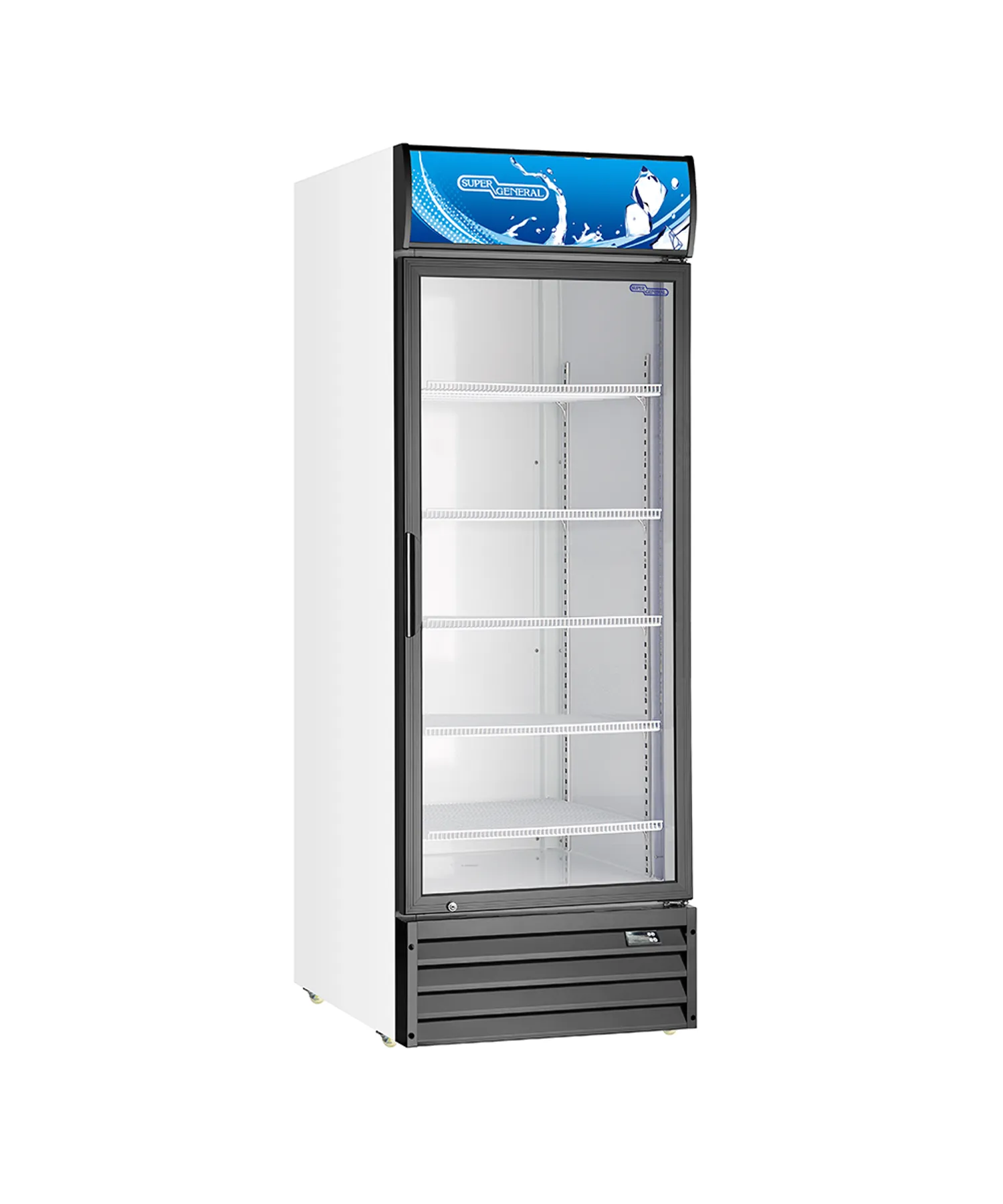 Super General SGSC717NG 600L Single Door Showcase Chiller, Commercial Beverage Display Refrigerator with Glass Door, 5 Shelves, Lock & Key, R134a Refrigerant, White