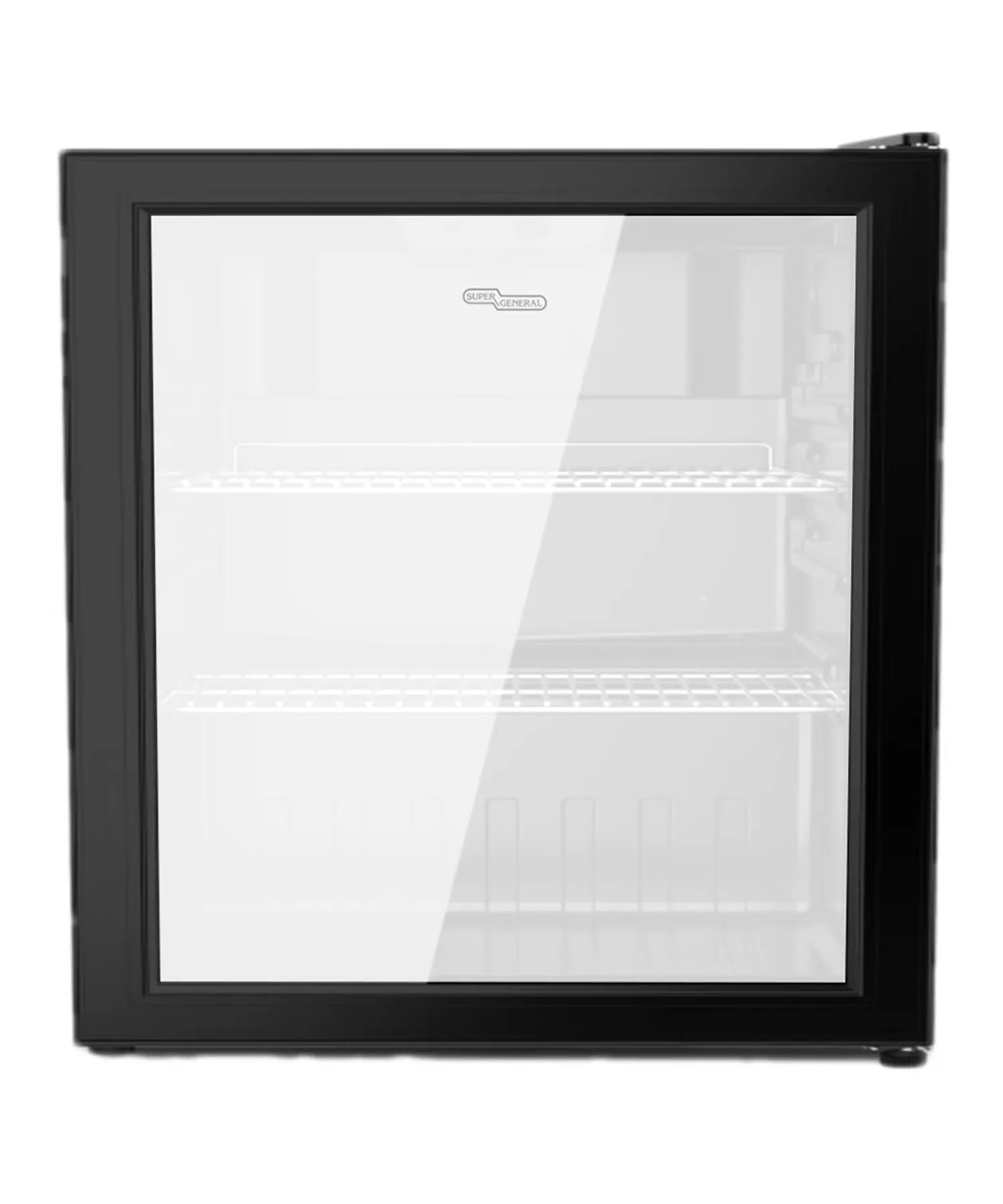 Super General SGSC74 50L Showcase Chiller, Compact Single Door Glass Display Refrigerator with Double Layer Glass Door, LED Interior Light, Wire Shelf, Lock & Key, R600a Refrigerant, Black