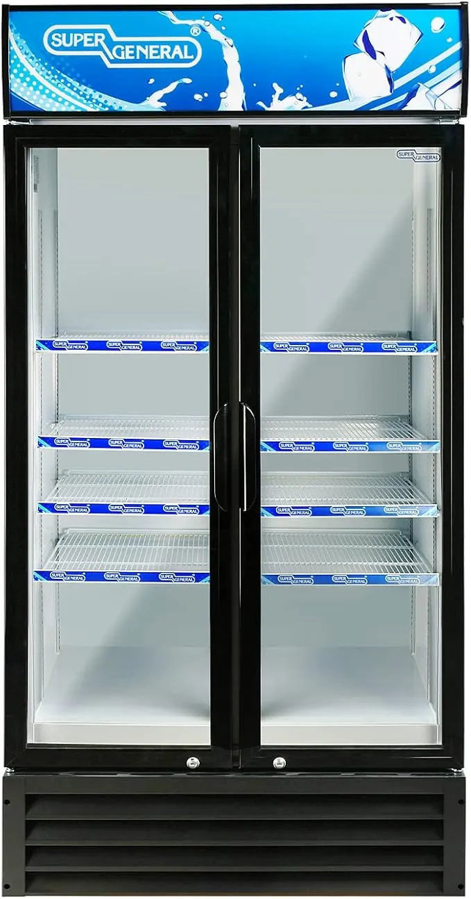 Super General SGSC818IF 800L Double Door Showcase Chiller, Commercial Beverage Display Refrigerator with French Glass Door, 8 Shelves, Fan Cooling System, Lock & Key, White/Black