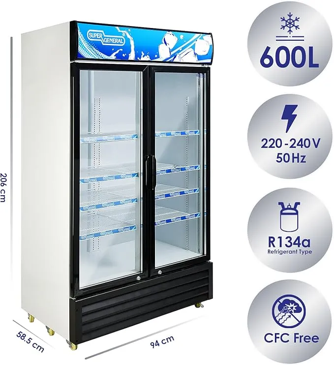Super General SGSC818IF 800L Double Door Showcase Chiller, Commercial Beverage Display Refrigerator with French Glass Door, 8 Shelves, Fan Cooling System, Lock & Key, White/Black