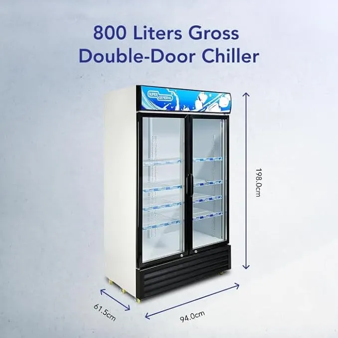 Super General SGSC818IF 800L Double Door Showcase Chiller, Commercial Beverage Display Refrigerator with French Glass Door, 8 Shelves, Fan Cooling System, Lock & Key, White/Black 3