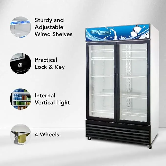 Super General SGSC818IF 800L Double Door Showcase Chiller, Commercial Beverage Display Refrigerator with French Glass Door, 8 Shelves, Fan Cooling System, Lock & Key, White/Black 4