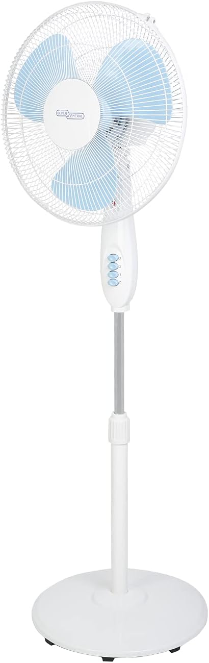 Super General SGSF28M 16-Inch Pedestal Fan, 50W Energy-Saving Motor, 3 Speed Settings, Oscillation, Adjustable Height from 114 to 140cm, Tilting Fan Head, 3 Blades, White/Blue