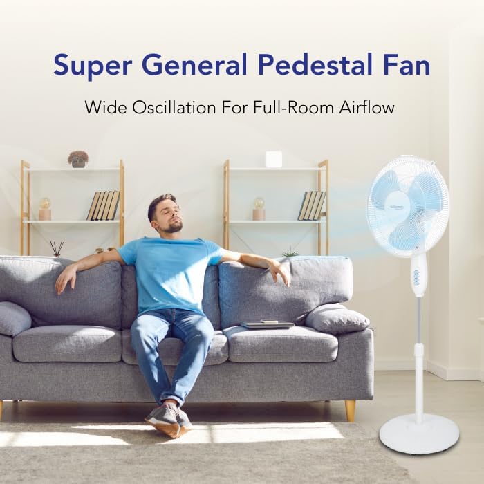 Super General SGSF28M 16-Inch Pedestal Fan, 50W Energy-Saving Motor, 3 Speed Settings, Oscillation, Adjustable Height from 114 to 140cm, Tilting Fan Head, 3 Blades, White/Blue