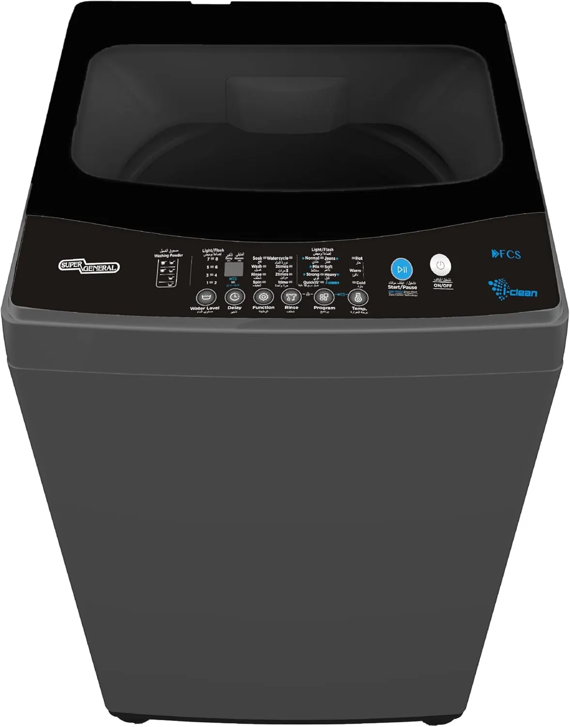 Super General SGW1052S 10.5kg Fully Automatic Top Load Washing Machine, 680 RPM, 8 Wash Programs, Soft-Close Glass Lid, LED Display, Auto Balance, Delay Start, Power-Off Memory, Child Lock and Drum Clean, Dark Silver/Black