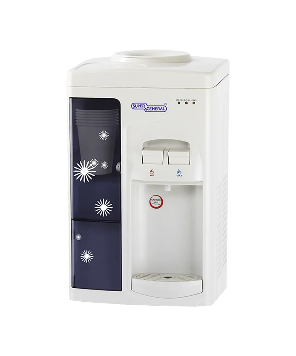 Super General Table Top Hot & Cold Water Dispenser With Stainless Steel Tank, Paper Cup Holder & R134a Refrigerant SGL1131 White
