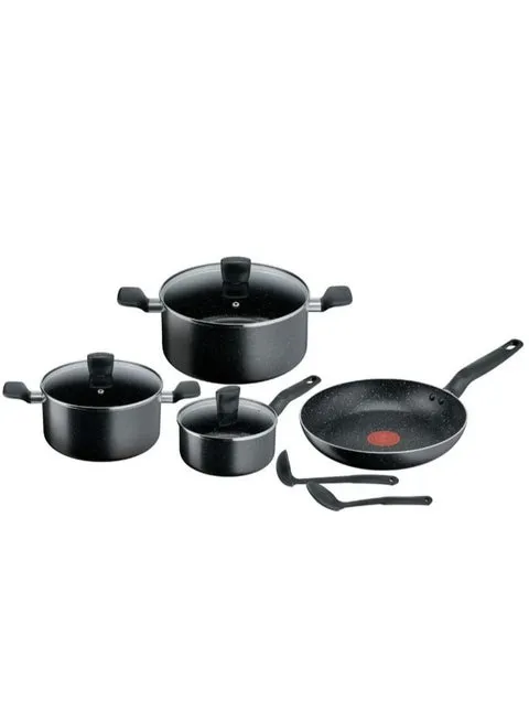 TEFAL Dark Stone 9 Pc Cookware Set – Stewpots 20/24 cm with Lids, Saucepan 16 cm, Frypan 28 cm, Spoon & Ladle, Black, B491S985