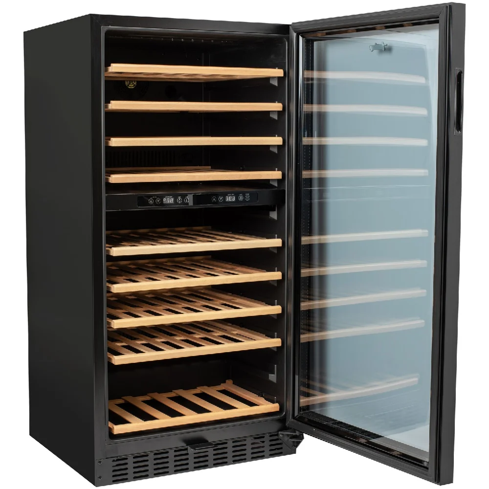 Terim TERBC76DZ Dual-Zone Beverage Cooler, 225L, 76-Bottle Capacity, 9 Wooden Shelves, Touch Control, LED Display and Door Lock, Black