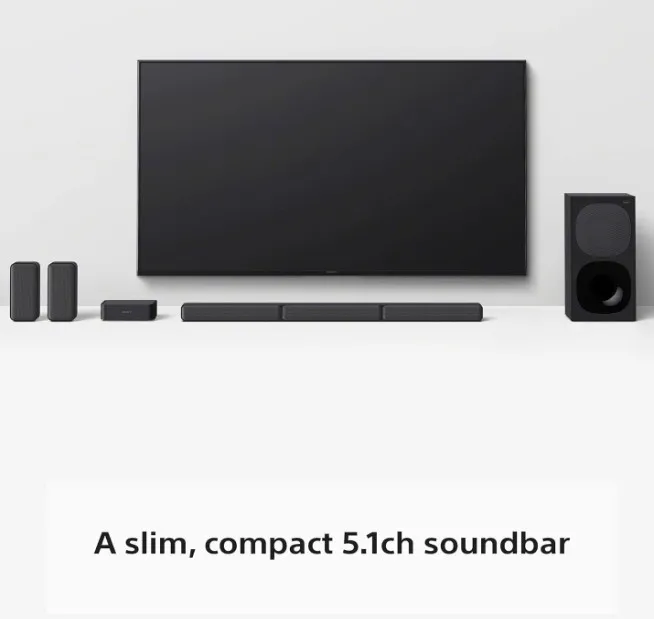 The Sony HT-S40R is a complete 5.1 channel home theater sound system designed to deliver immersive surround sound with a soundbar, subwoofer, and wireless rear speakers