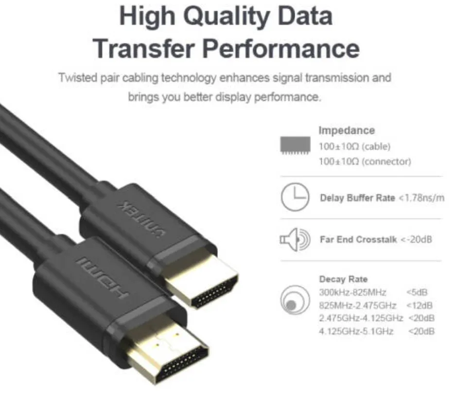 Unitek 4K 60Hz High Speed HDMI Cable, 4K 60Hz UHD Resolution, Supports 3D Display, Twisted Pair Cabling Technology, Gold-Plated, Fine Copper Wire, 1M Cable Length, Black | Y-C136M 2