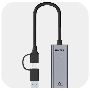 Unitek USB-C to Gigabit Ethernet Adapter with USB-A Adapter, Space Grey, UNITEK Gift Box Y-3465A