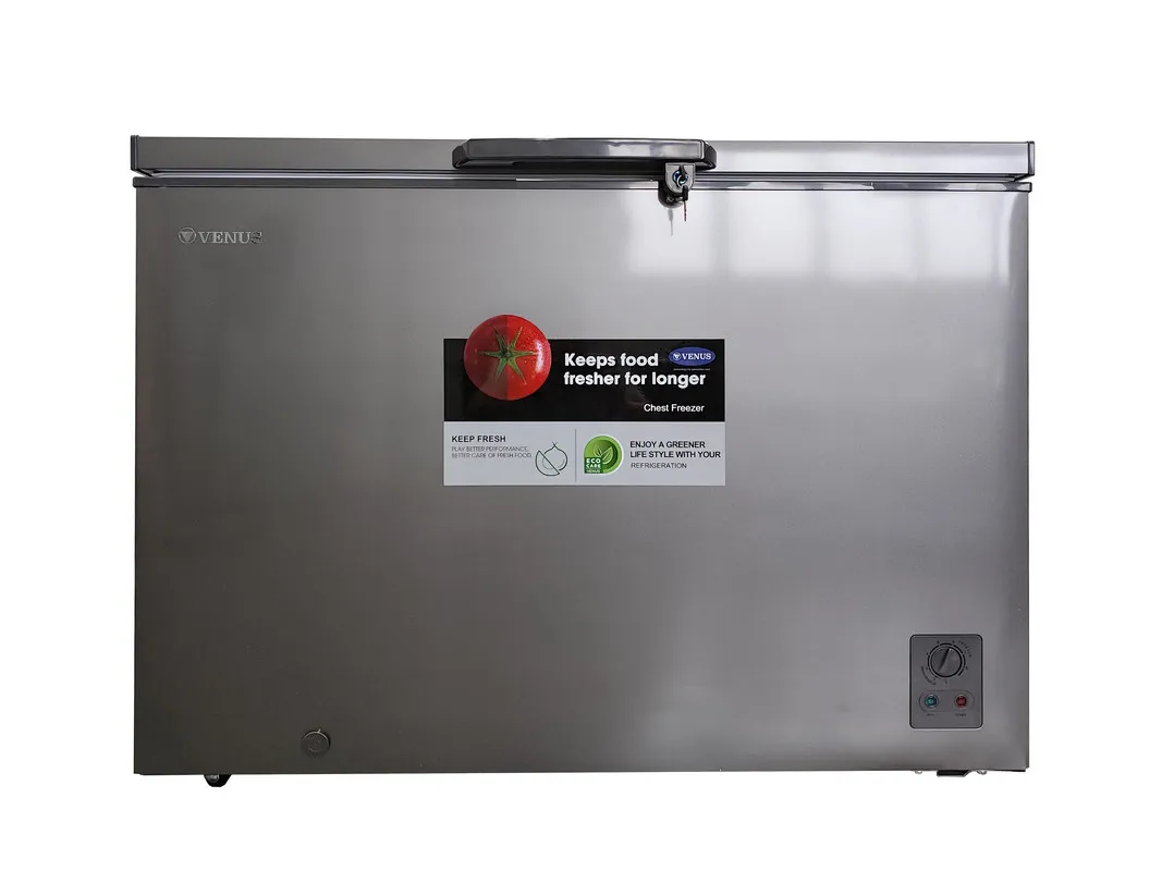 Venus 350L Chest Freezer With Heavy Duty Compressor, Lockable Lid, Adjustable Temperature Control, Storage Basket & R600a Refrigerant VCF350 Titanium Silver