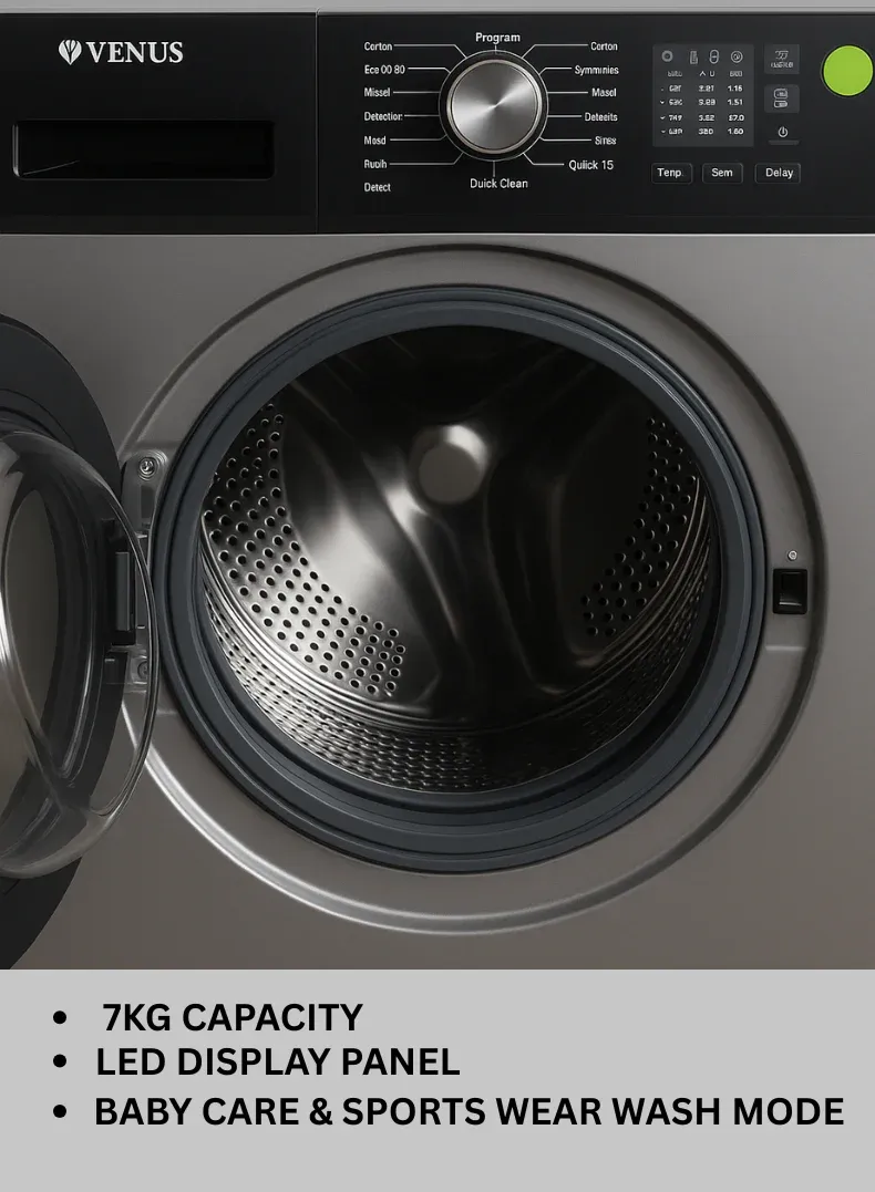 Venus 7Kg Front Load Fully Automatic Washing Machine With Inverter Motor, 1200 RPM, 14 Wash Programs, Digital Display & Quick Wash VW708SD Dark Silver 2