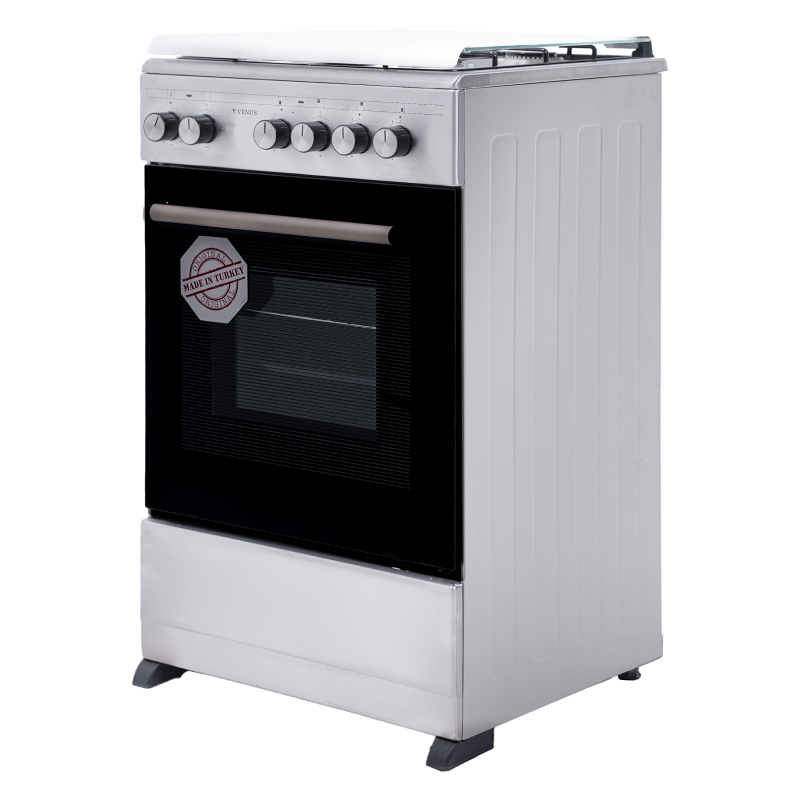 Venus VC5531ESD Freestanding Cooking Range, 50 × 55cm, 3 Gas Burners + 1 Electric Hot Plate, 55L Electric Oven with Grill, Auto Ignition, Mechanical Timer, Stainless Steel Silver