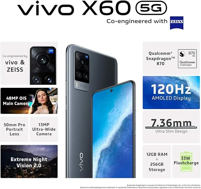 Vivo X60 5G 12GB RAM 256GB Storage Dual SIM Smartphone – ZEISS Camera System, AMOLED Display, Powerful Processor, Fast Charging, Premium Design 2