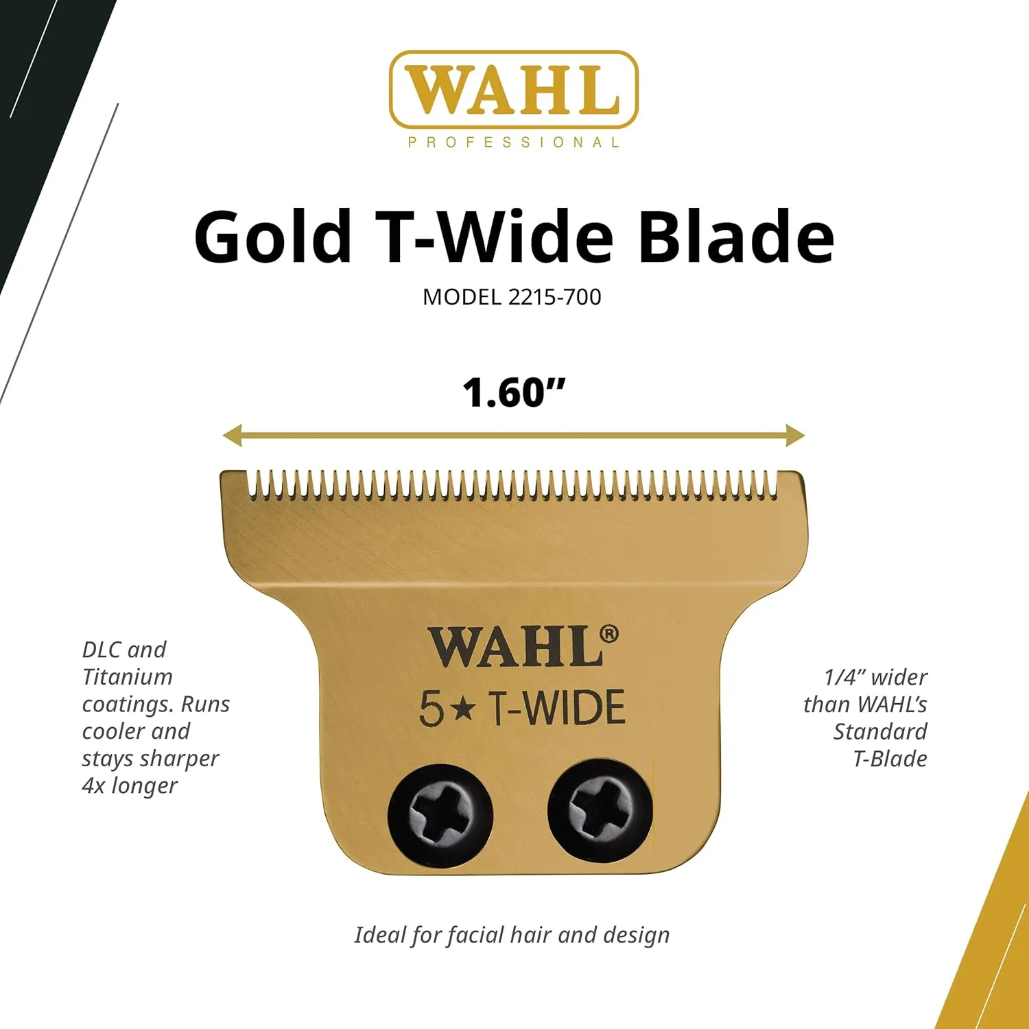 Wahl Professional Gold T-Wide Blade, Adjustable Zero-Overlap, DLC & Titanium Coated, Fits Cordless Detailer Li, Professional Barbers & Stylists, Men's Facial Hair Trimmer & Clipper Blades