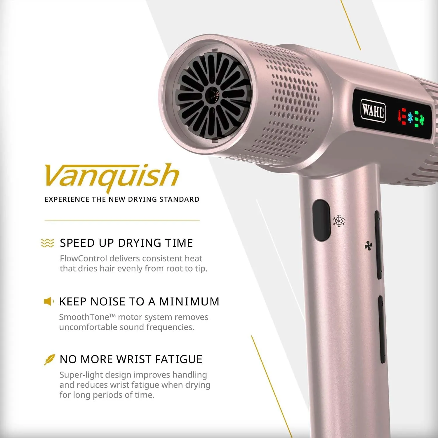 Wahl Vanquish Rose Gold Hair Dryer, Lightweight, LED Display, Quiet, Professional, 3 Attachments, Powerful, Cool Drying, 3 Speed-Settings, Auto-Clean, Even Drying, Quick Dry 3
