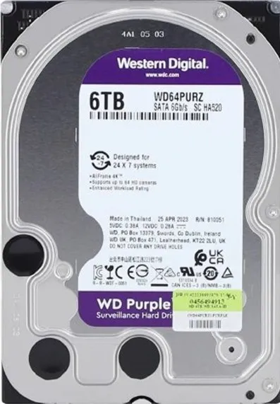 Western Digital Purple 6TB 3.5'' Surveillance Hard Drive, SATA 6 Gb/s, 256MB Cache Size, 5400 Rpm, CMR Recording Technology, Built to Handle Up to 64 Cameras Per Drive | WD64PURZ