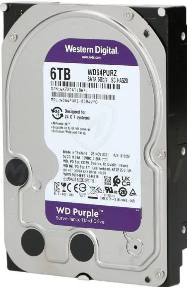 Western Digital Purple 6TB 3.5'' Surveillance Hard Drive, SATA 6 Gb/s, 256MB Cache Size, 5400 Rpm, CMR Recording Technology, Built to Handle Up to 64 Cameras Per Drive | WD64PURZ 3