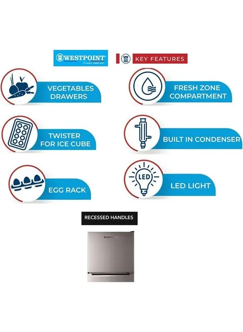 Westpoint 300L Double Door Top Mount Refrigerator With No Frost Cooling, Fresh Zone Compartment, Built-in Condenser & LED Light WNN-3023ERI Silver