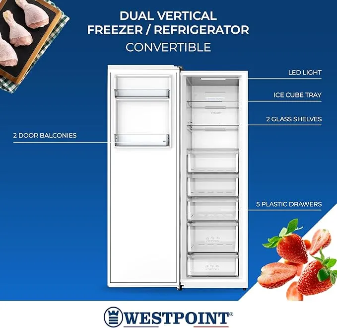 Westpoint 332L Dual Function Upright Freezer Convertible To Refrigerator With LED Display, Fast Freezing & 5 Drawers WVM3325EI Silver
