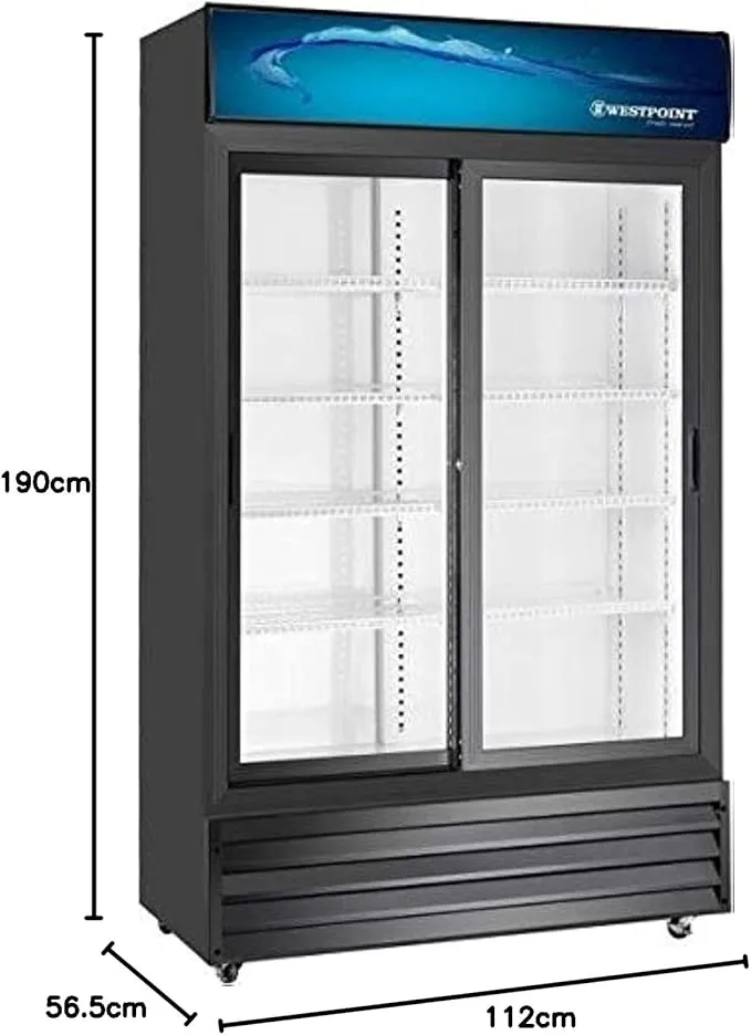 Westpoint 800L Upright Double Door Showcase Chiller With Tempered Glass Self Closing Doors, No Frost Cooling & 8 Shelves WPSN-8217T2 Black