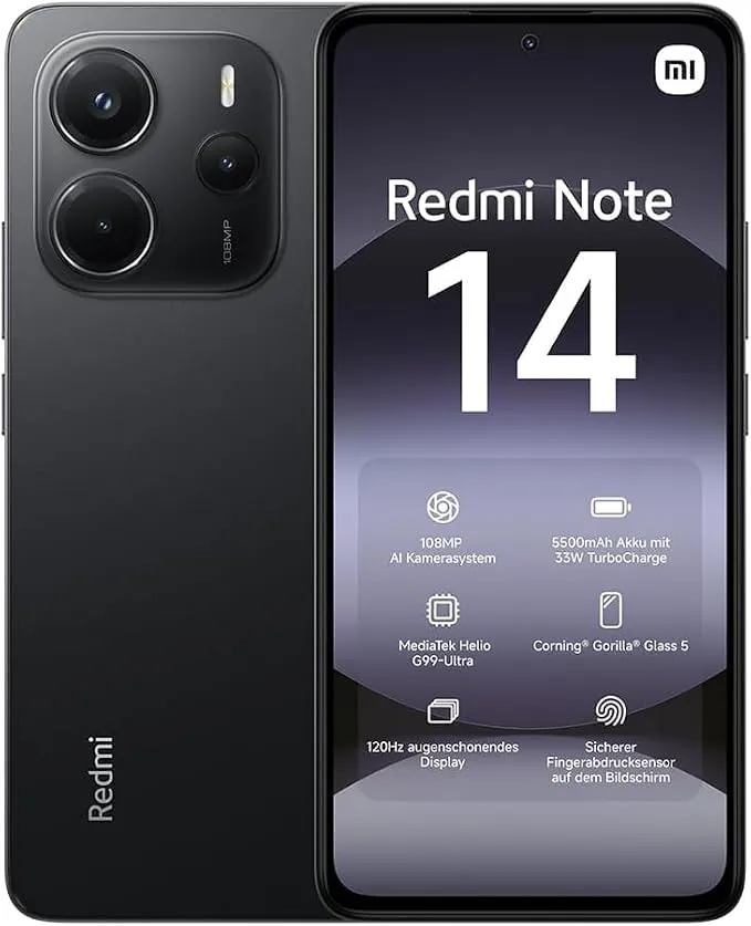 Xiaomi Redmi Note 14 5G Smartphone 8GB RAM 256GB Storage – AMOLED Display, AI Camera, MediaTek Dimensity Processor, 5110mAh Battery, Fast Charging, Dual SIM Android Mobile Phone