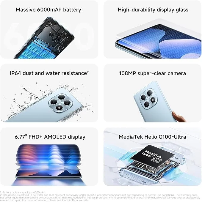 Xiaomi Redmi Note 15 5G Smartphone 8GB RAM 256GB Storage – AMOLED Display, AI Camera, Snapdragon Processor, Large Battery, Fast Charging, Dual SIM Android Mobile Phone